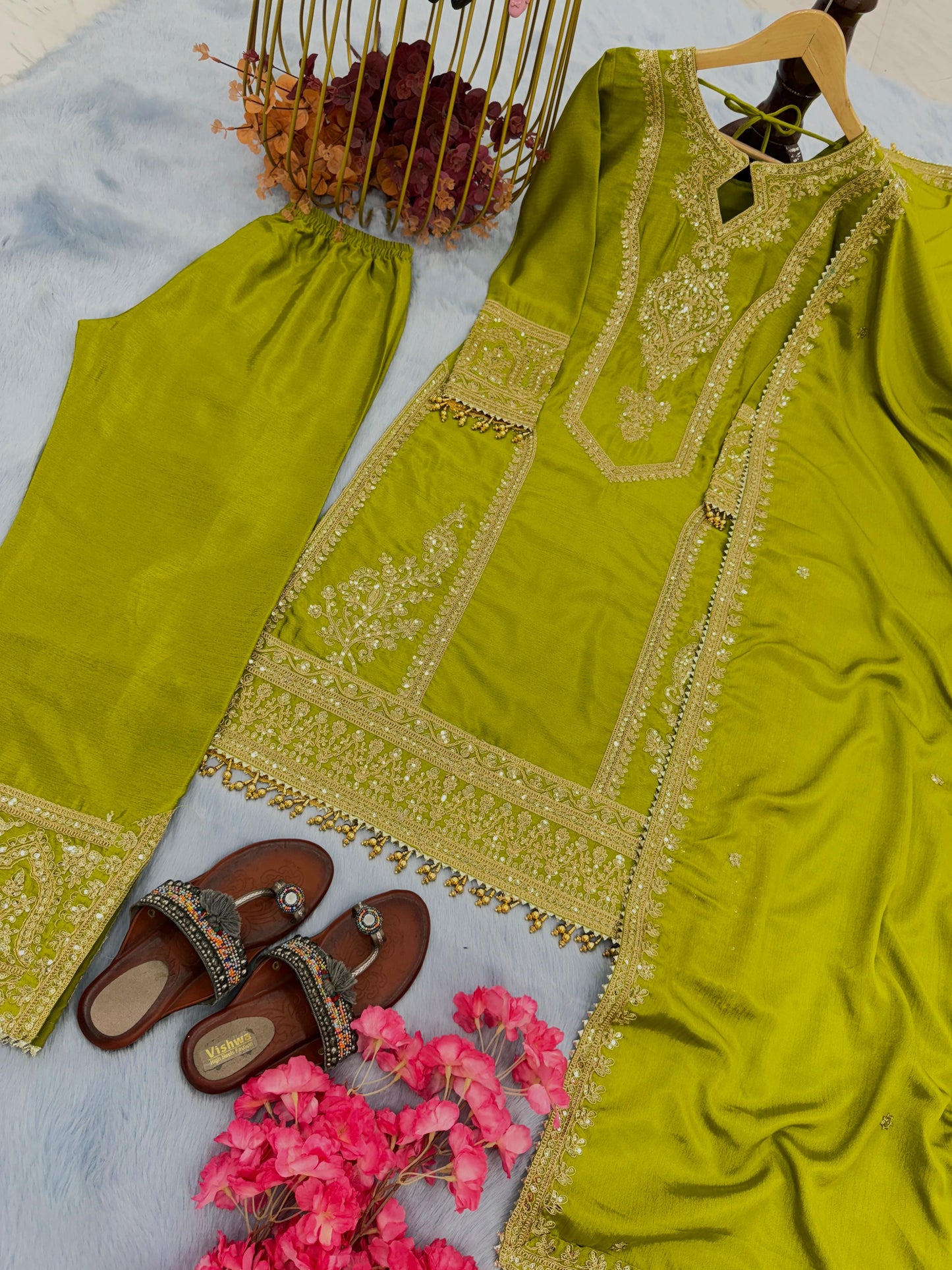 Beautiful Embroidery Sequence Work Perrot Color Anarkali Suit