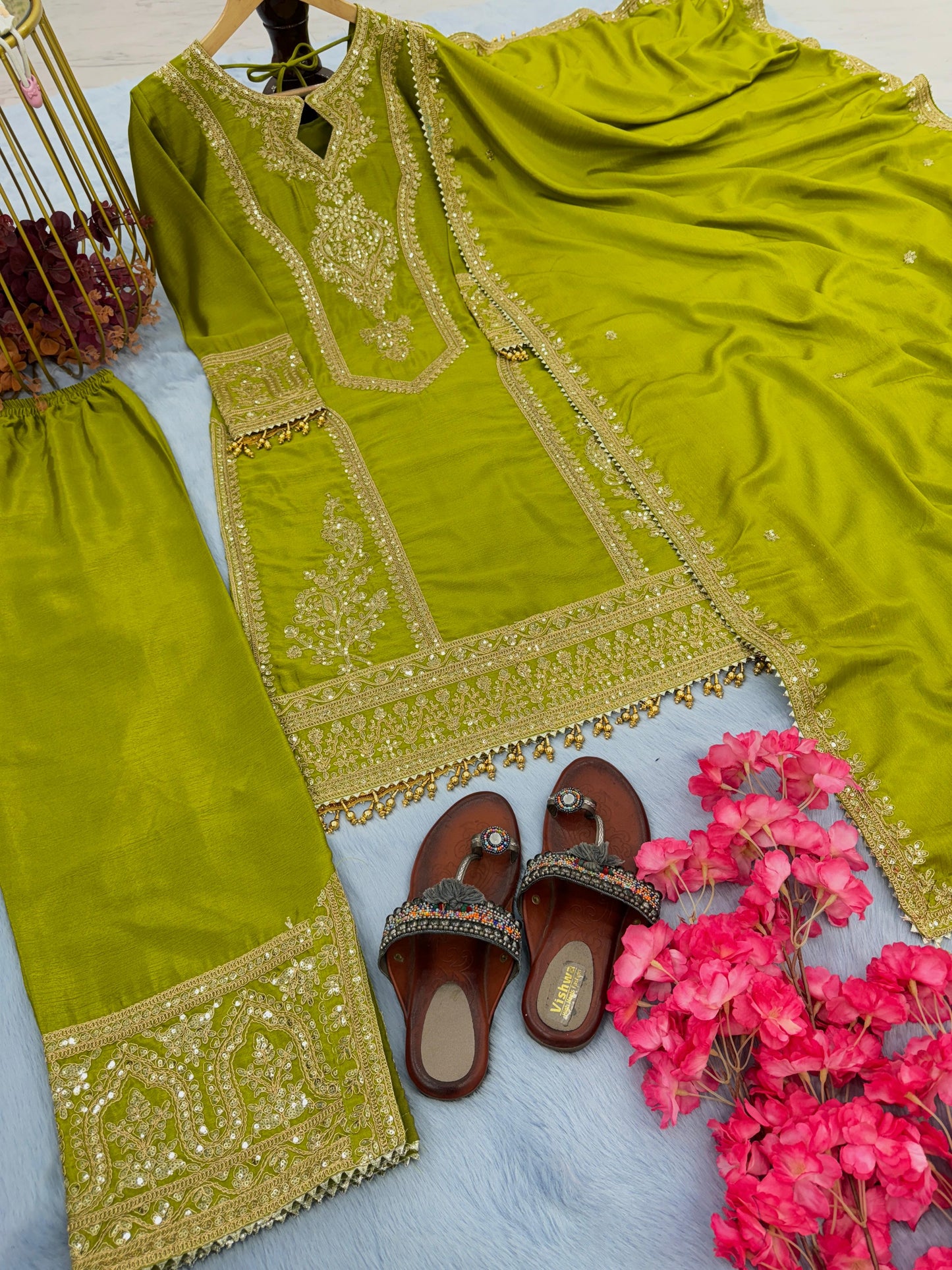 Beautiful Embroidery Sequence Work Perrot Color Anarkali Suit