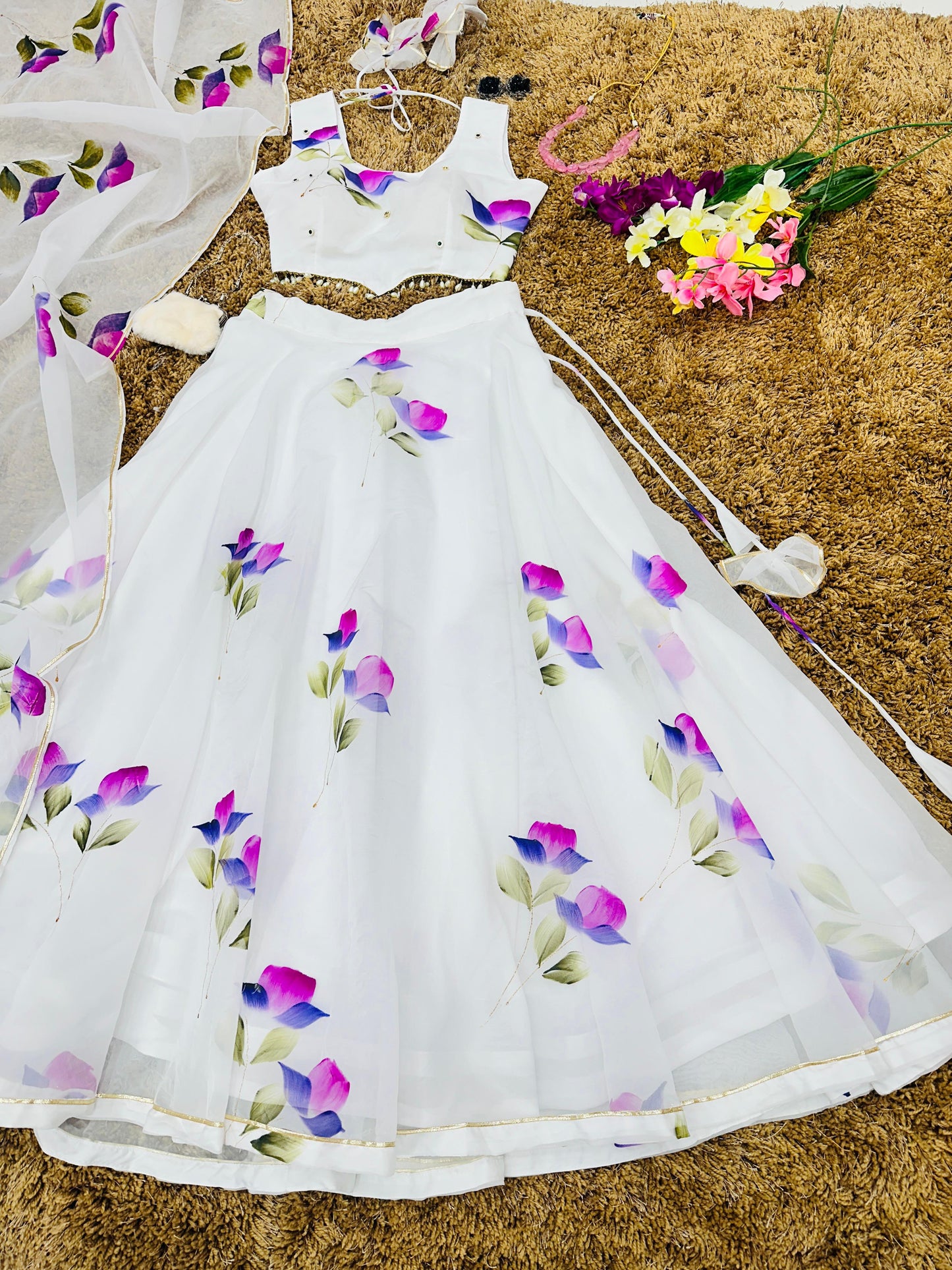 Glorious White Color Digital Print Organza Lehenga Choli