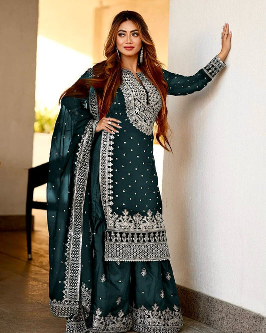 Decent Embroidery Sequence Work Rama Color Sharara Suit