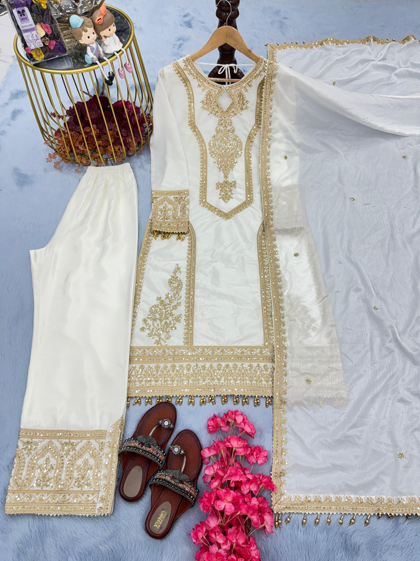 Beautiful Embroidery Sequence Work White Color Anarkali Suit