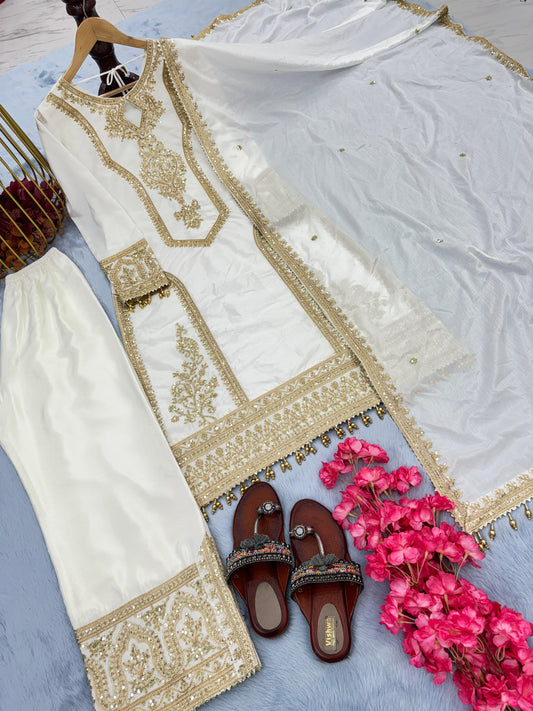 Beautiful Embroidery Sequence Work White Color Anarkali Suit