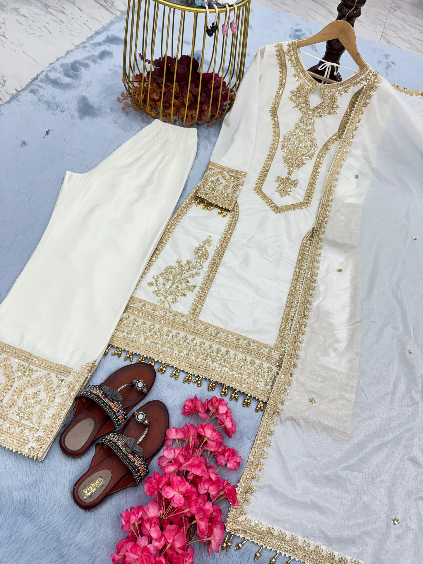 Beautiful Embroidery Sequence Work White Color Anarkali Suit