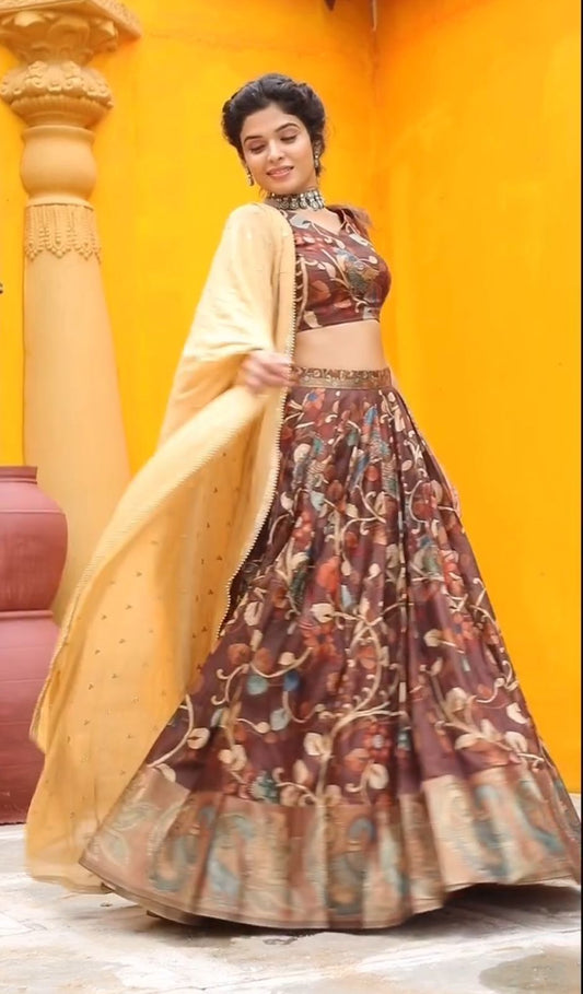 Glimmering Kalamkari Print Work Malhari Silk Lehenga Choli