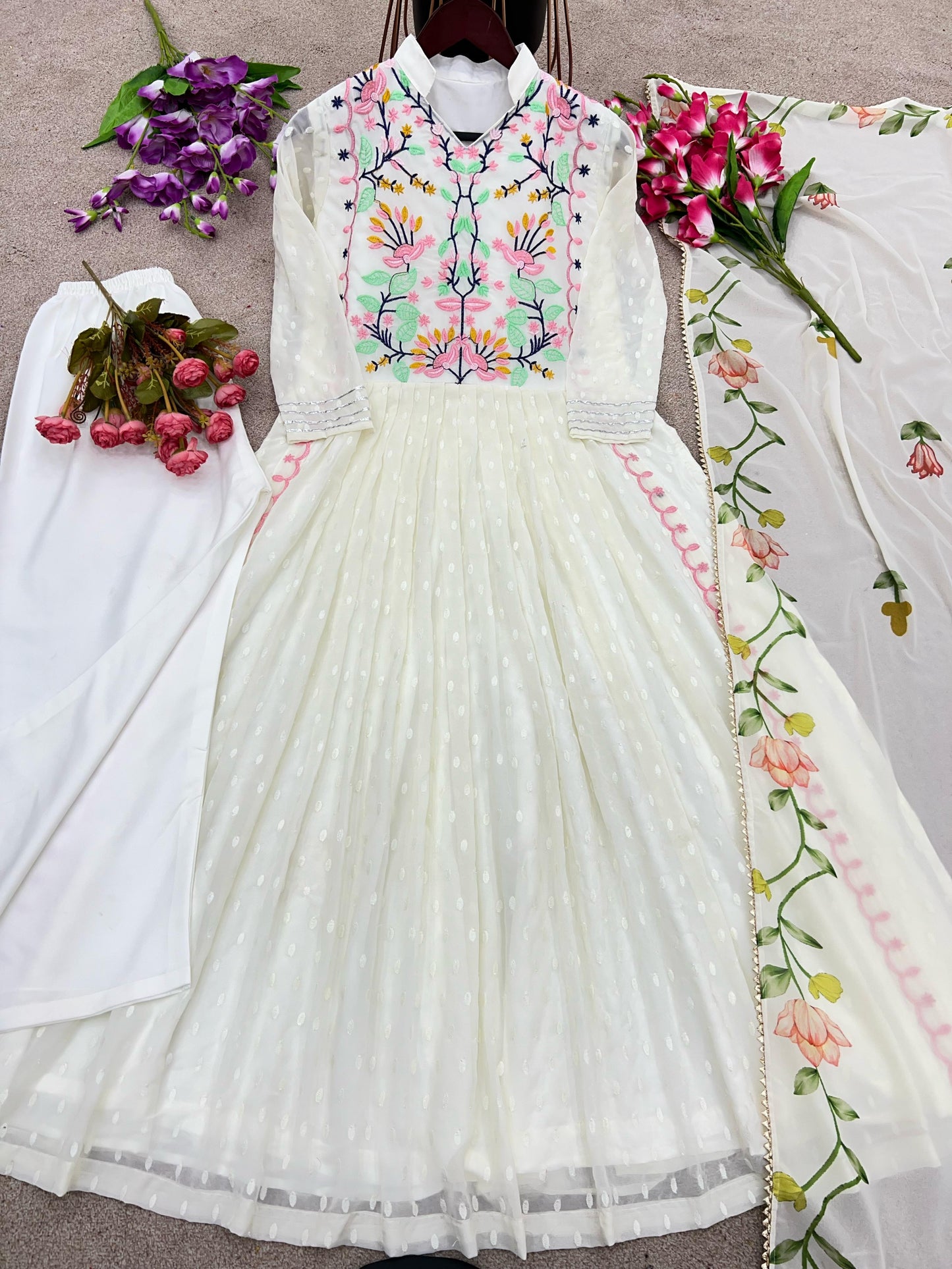 Amazing Embroidery Malty Thread Work White Color Anarkali Suit