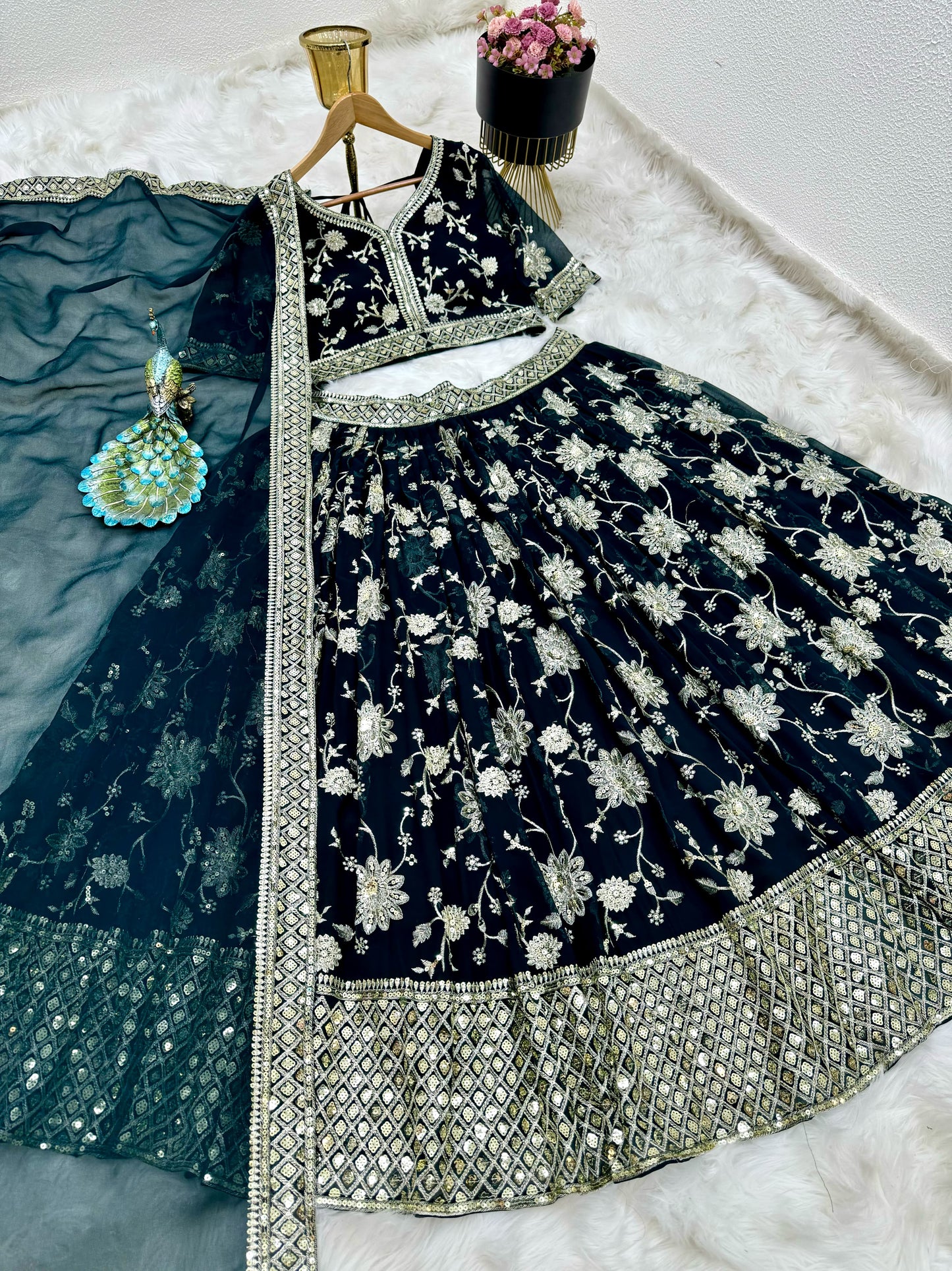 Delightful Sequence Embroidery Work Teal Green Lehenga Choli