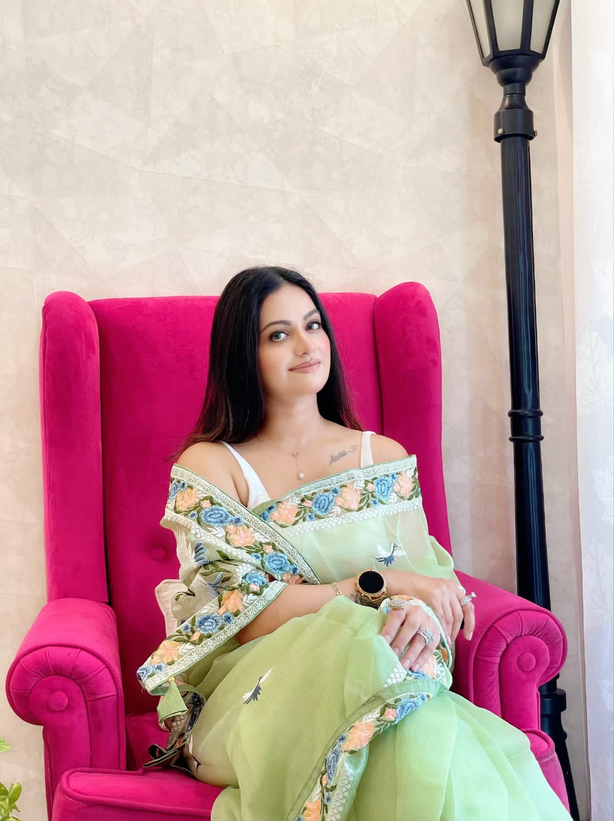 Multi Thread Work Pista Color Organza Saree