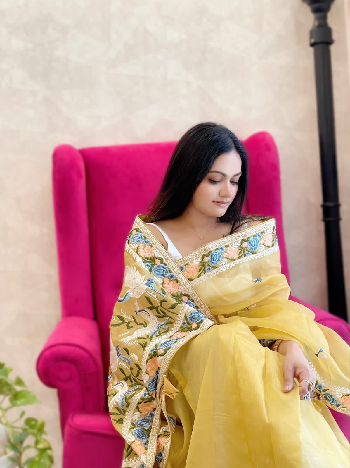 Multi Thread Work Yellow Color Organza Saree