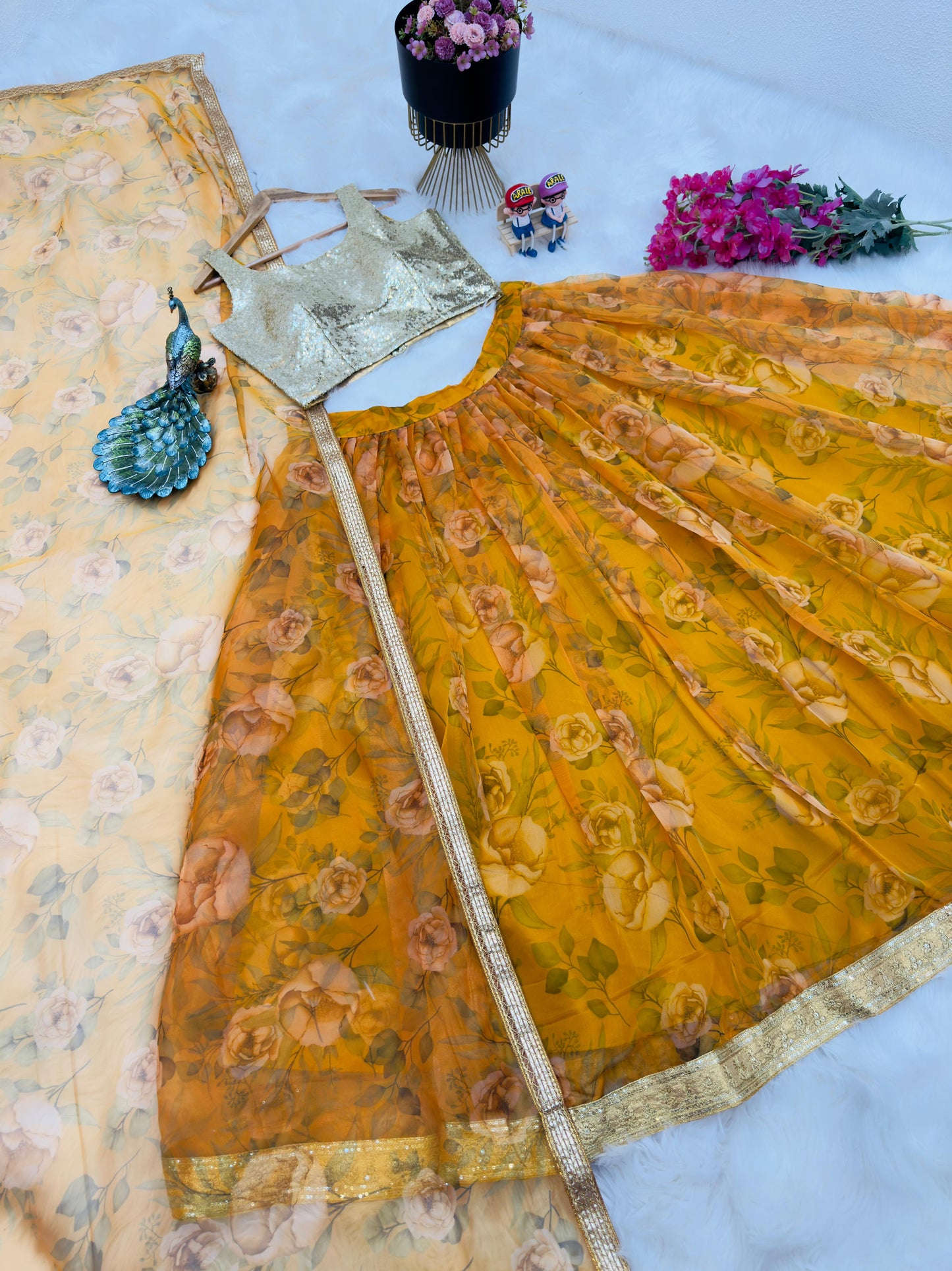 Yellow Printed Net Lehenga With Sequence Choli