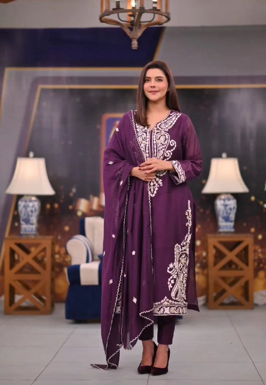 Outstanding Embroidery Work Purple Color Anarkali Suit