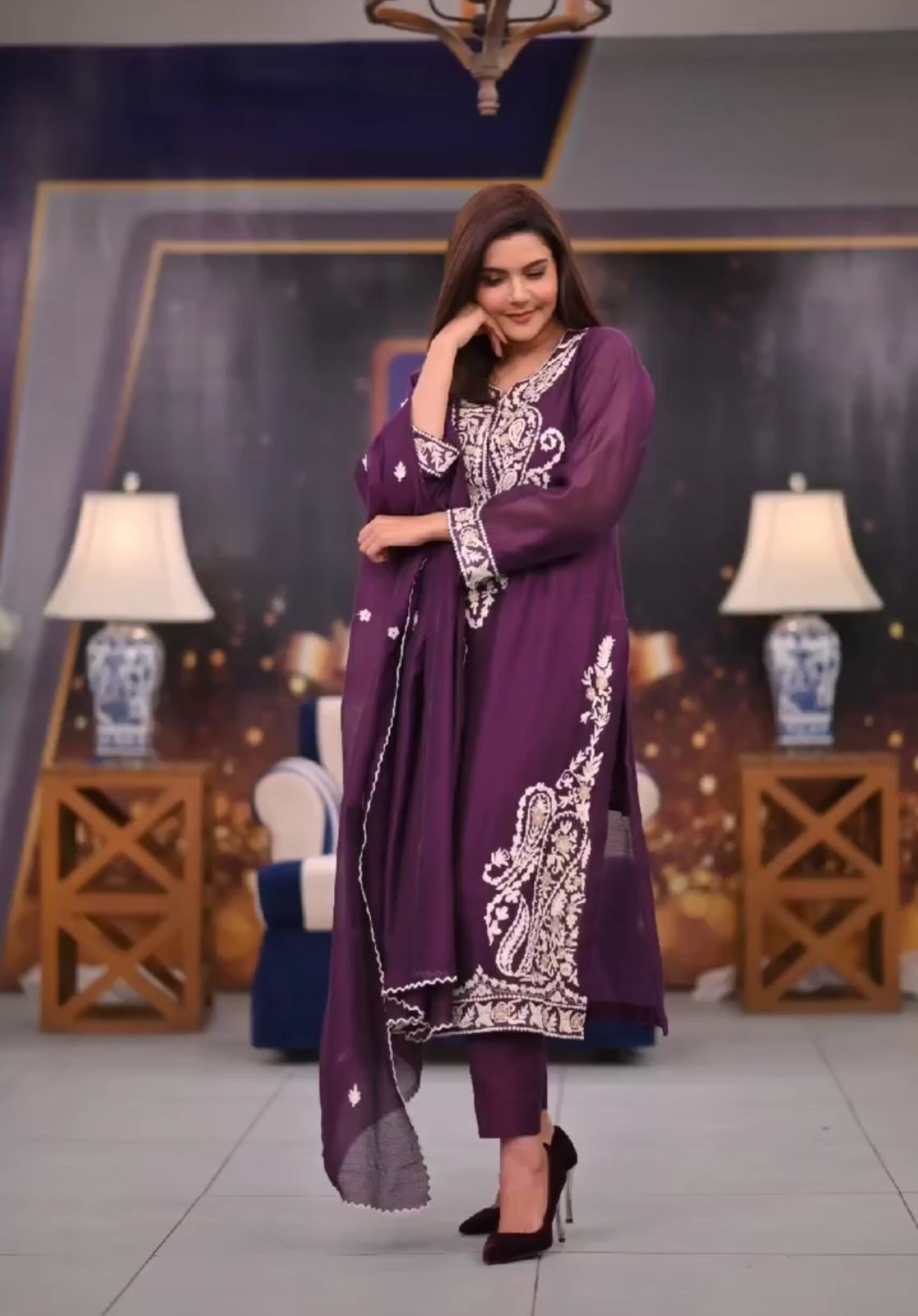 Outstanding Embroidery Work Purple Color Anarkali Suit