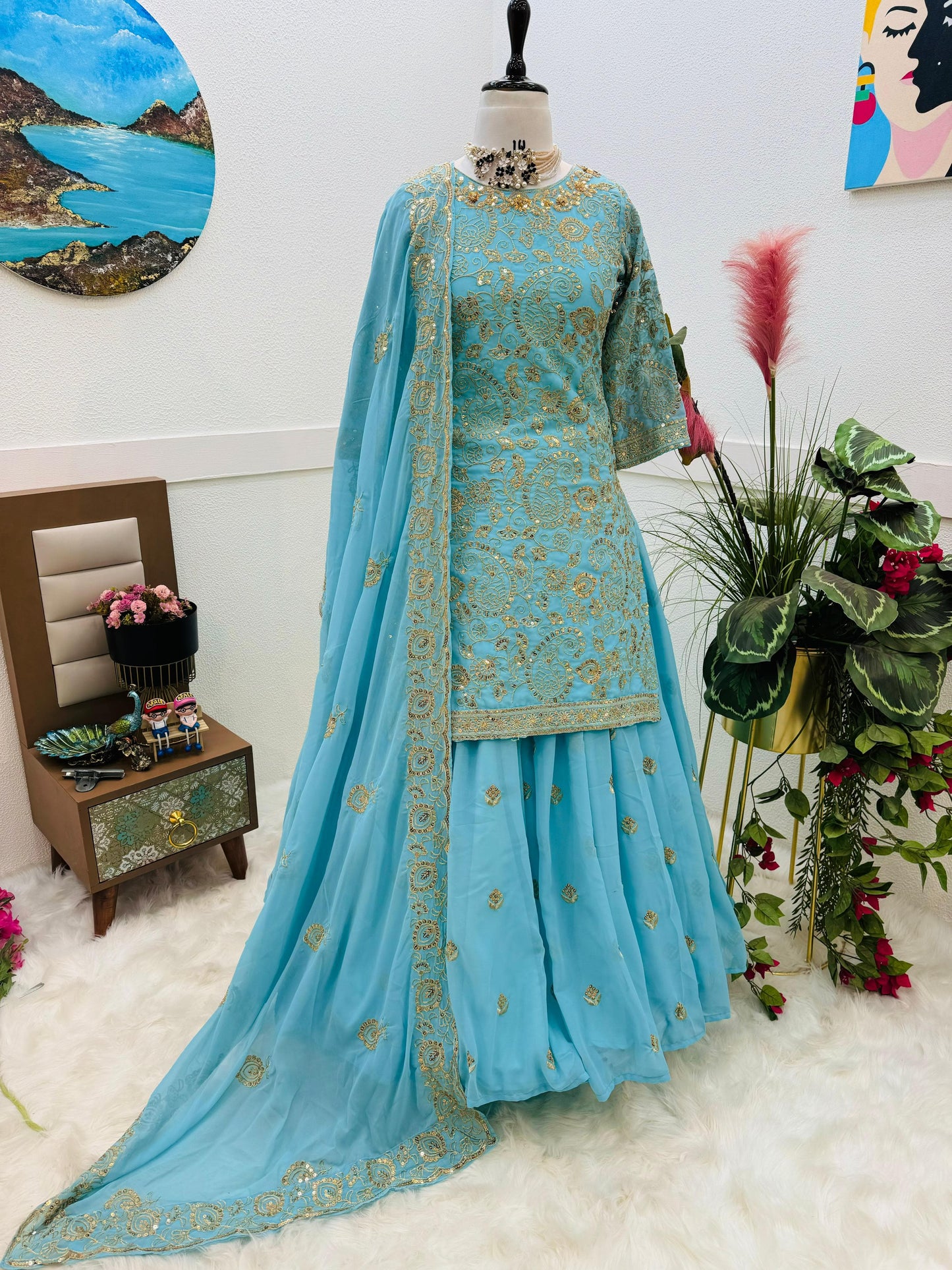 Sky Blue Color Sequence Work Lehenga With Top