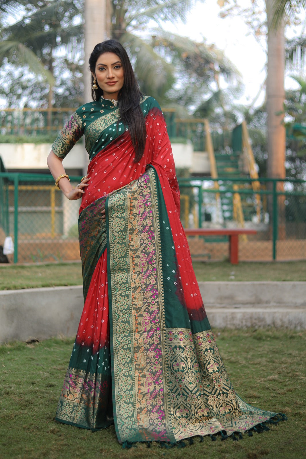 Flattering Bandhej Kanjivaram Silk Red Color Saree