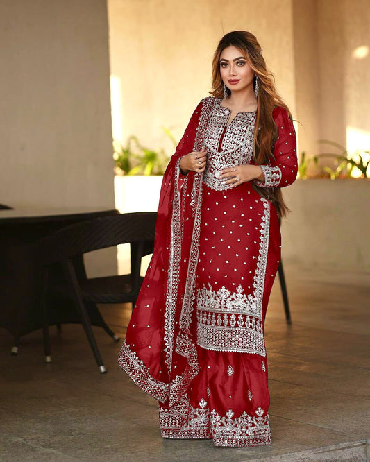 Decent Embroidery Sequence Work Red Color Sharara Suit