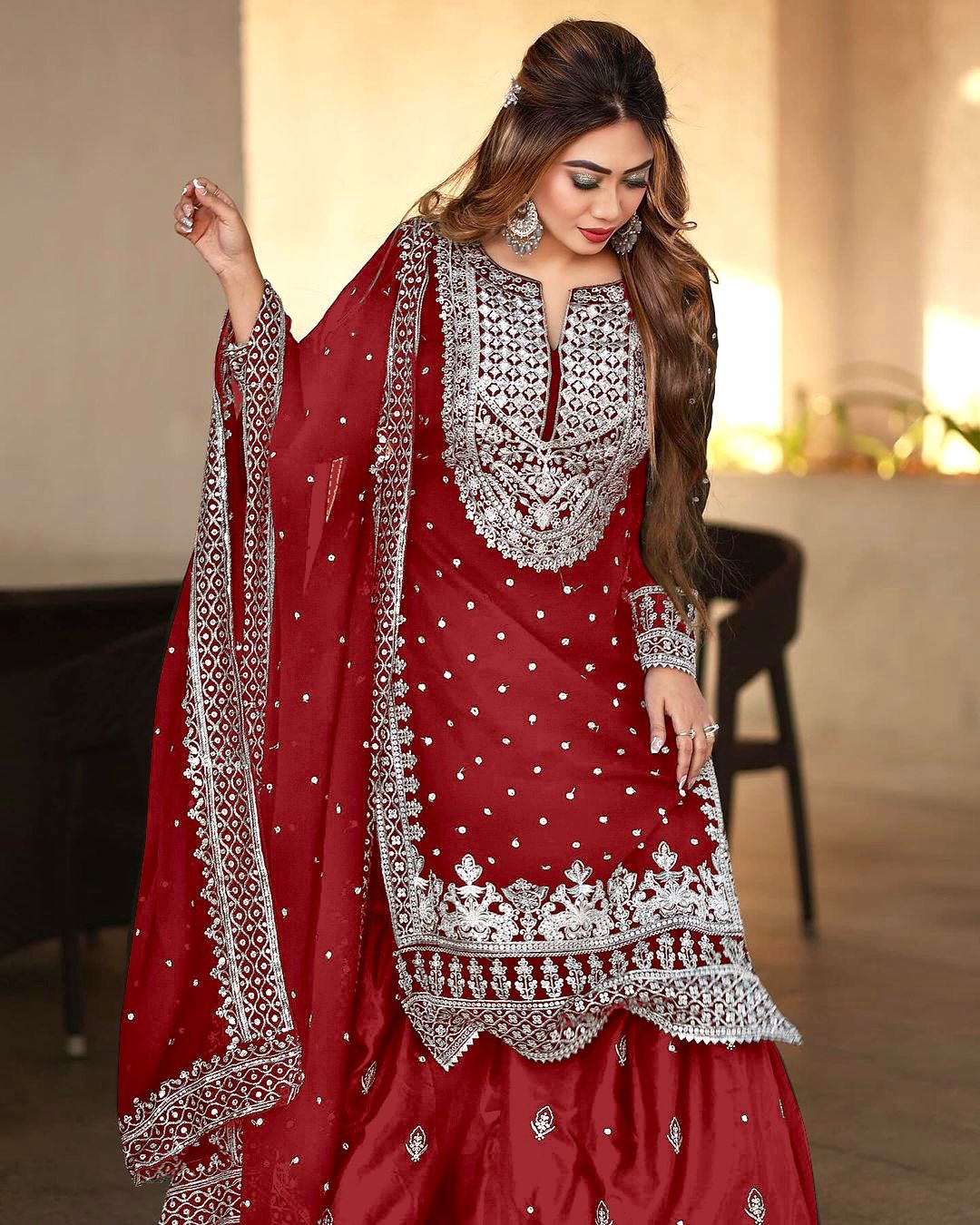 Decent Embroidery Sequence Work Red Color Sharara Suit