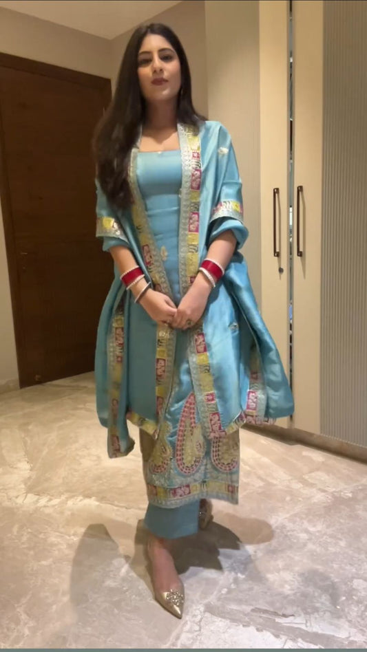 Beautiful Embroidery Sequence Work Rama Color Sharara Suit