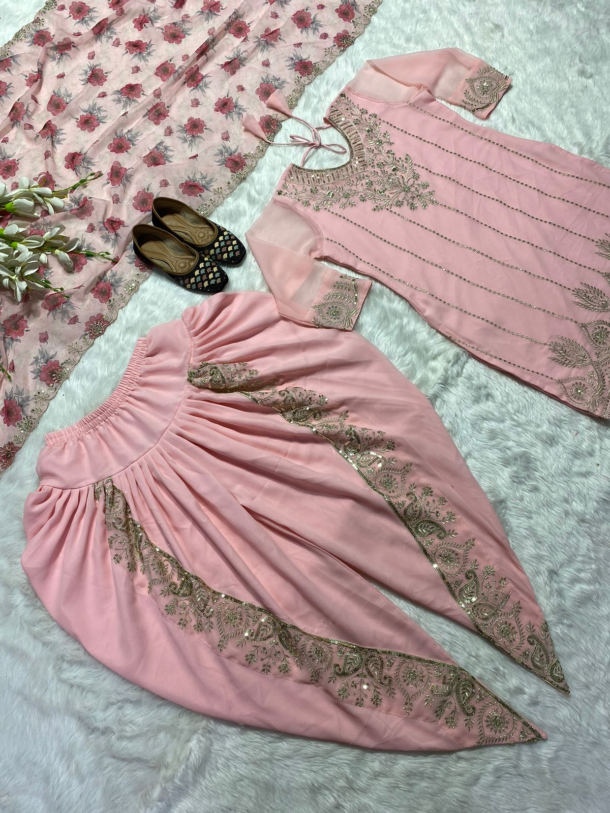 Gorgeous Embroidery Work Light Pink Color Dhoti Suit