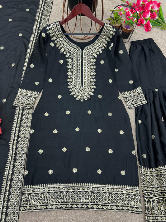 Elegant Embroidery Sequence Work Black Color Sharara Suit
