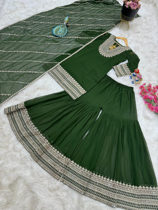Glorious Coding Sequence Embroidery Green Color Sharara Suit