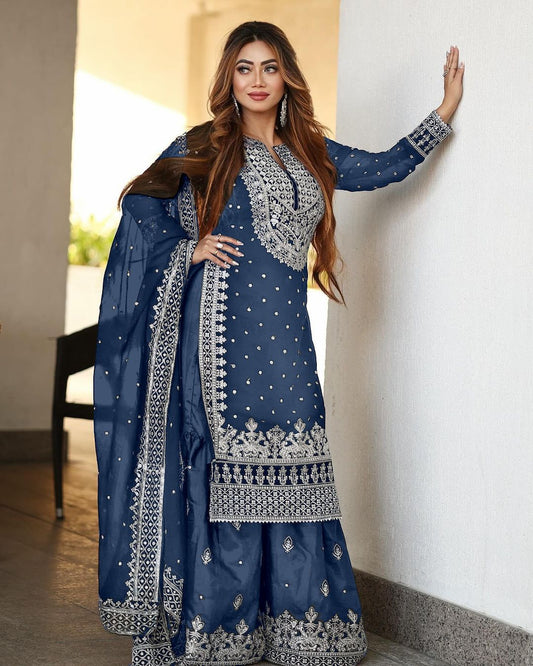 Decent Embroidery Sequence Work Rama Color Sharara Suit