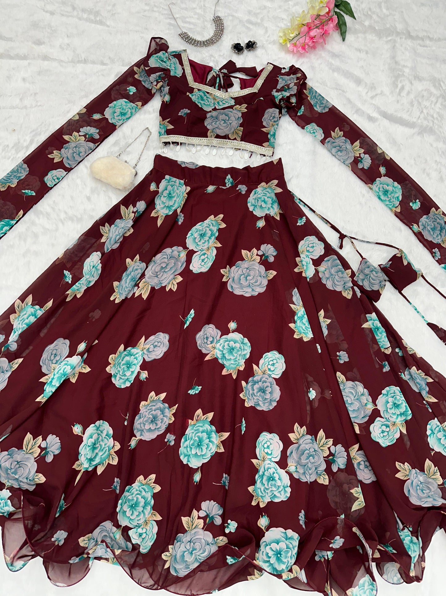 Flower Print Maroon Color Fancy Sleeve Lehenga Choli