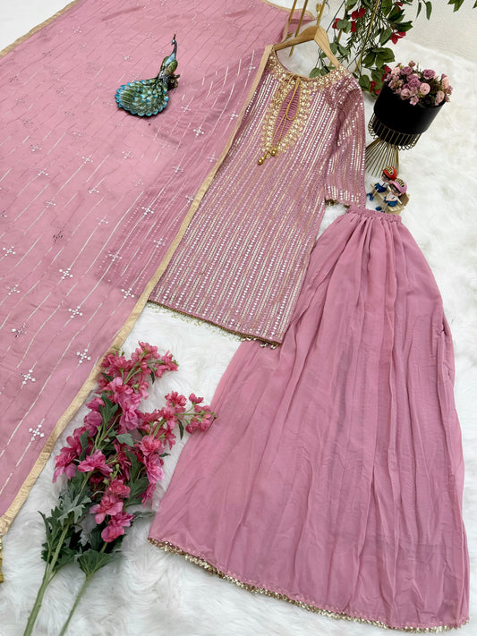 Captivating Sequence Embroidery Work Peach Color Sharara Suit