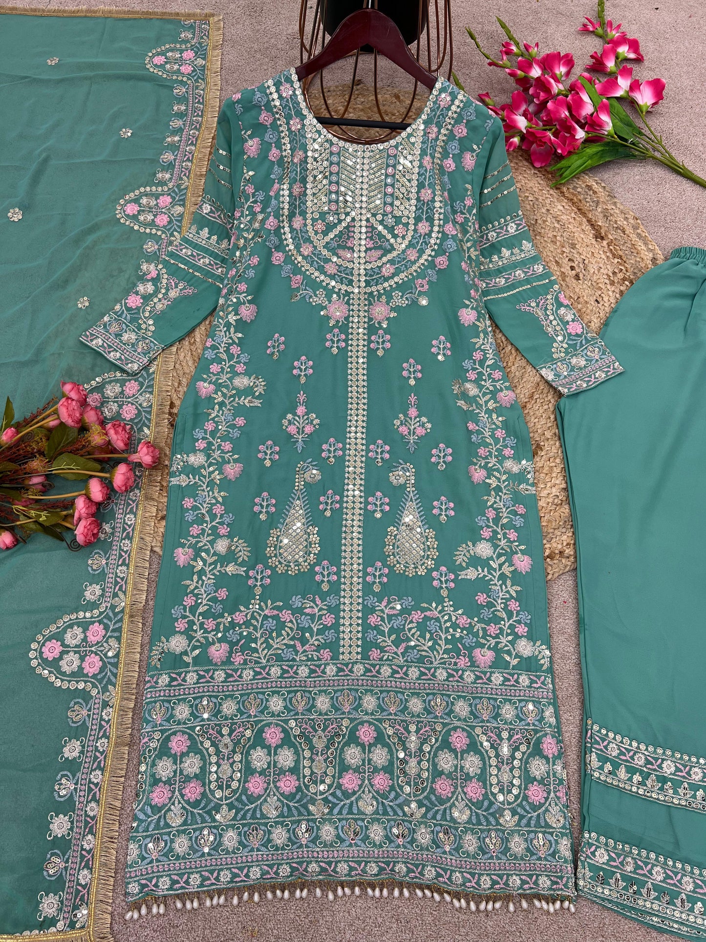 Mesmerizing Embroidery Sequence Work Rama Color Anarkali Suit