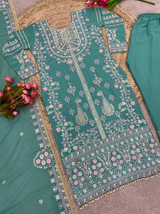 Mesmerizing Embroidery Sequence Work Rama Color Anarkali Suit