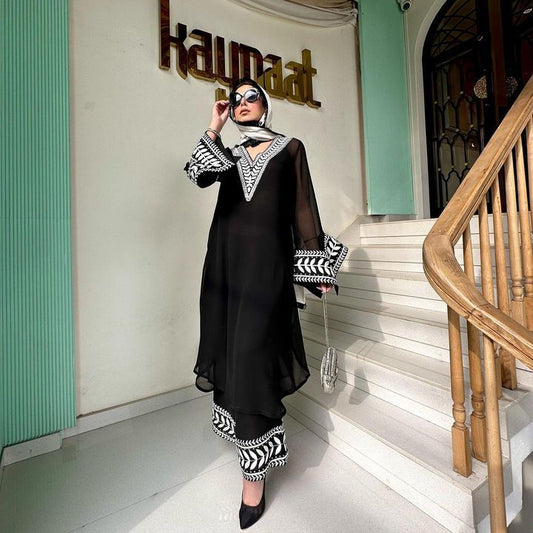 Alluring Chine Stitched Work Black Color Plazzo Suit