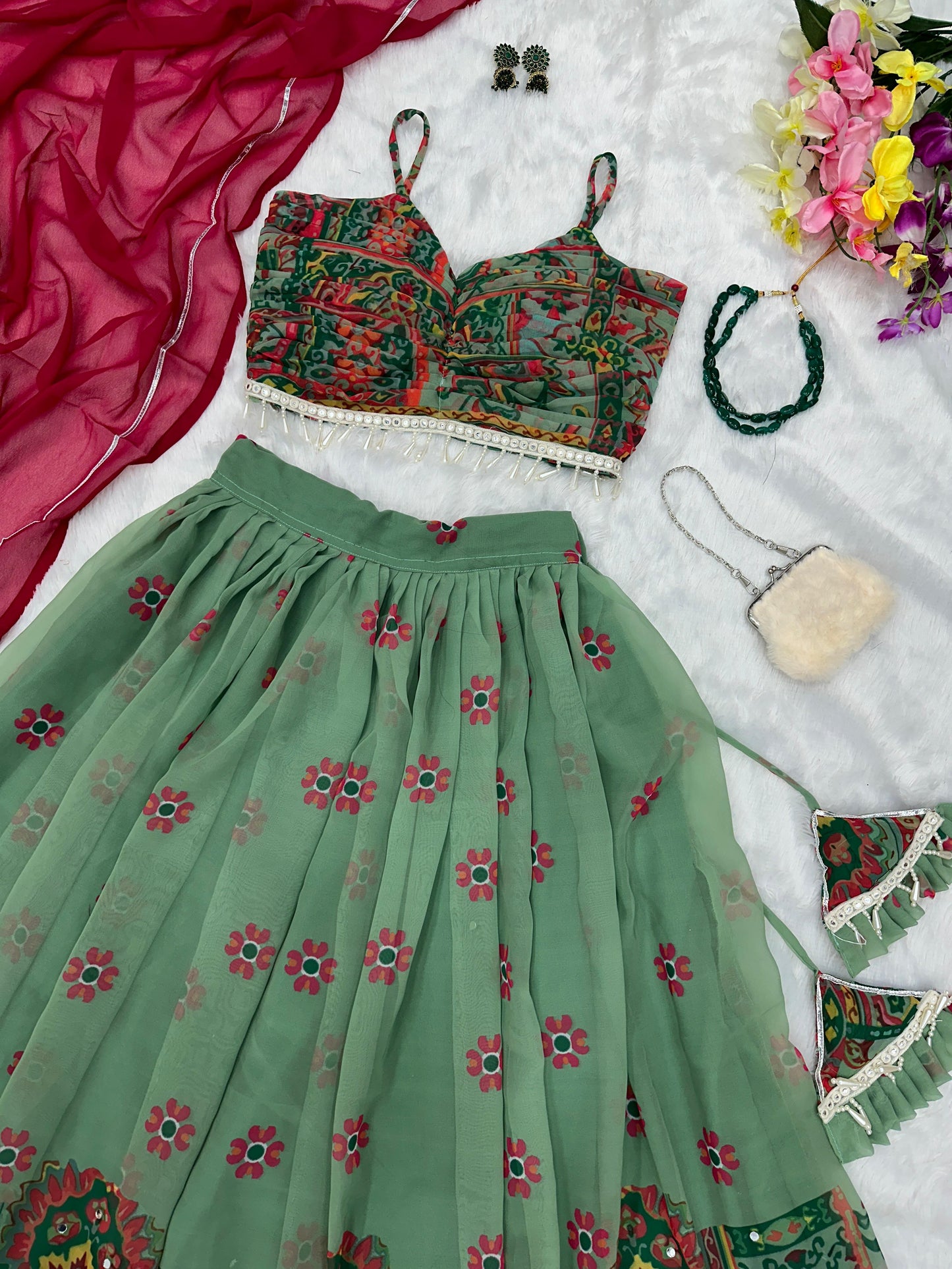 Wonderful Digital Printed Pista Green Lehenga Choli