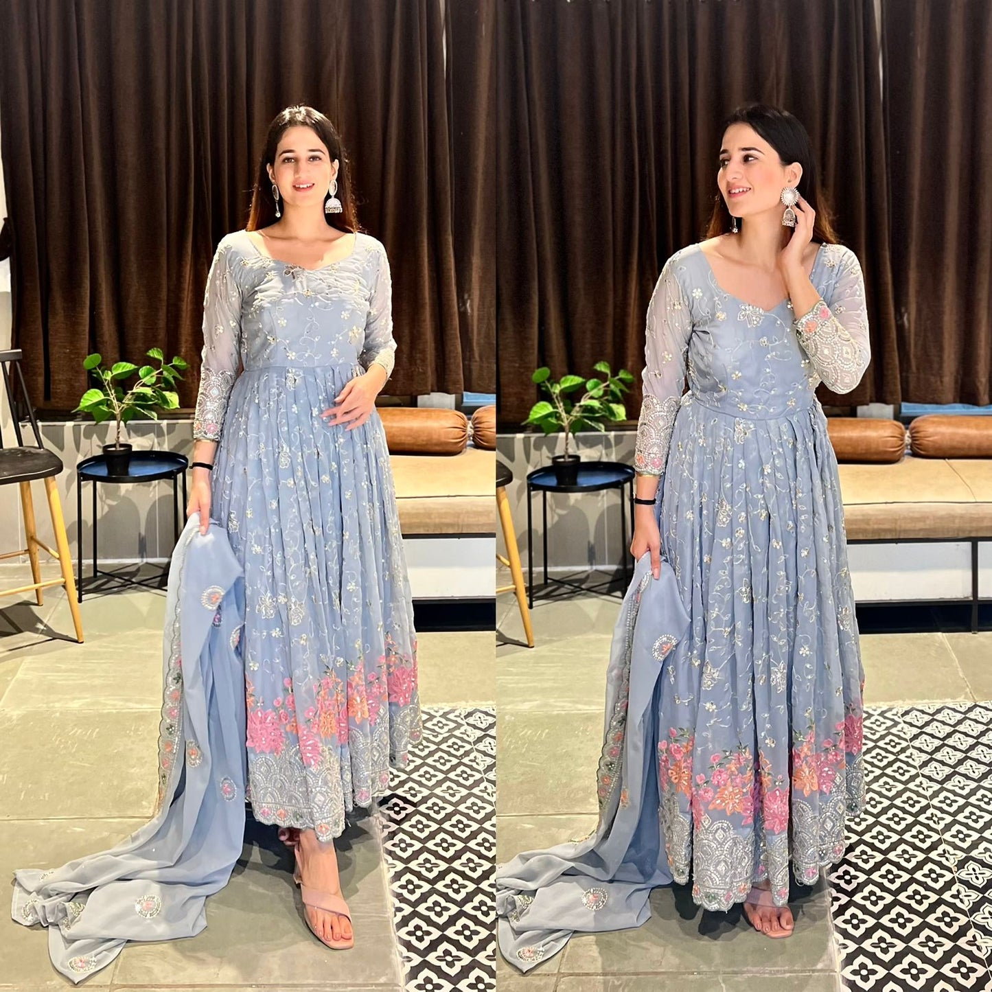 Admiring Grey Color Sequence And Embroidery Work Gown