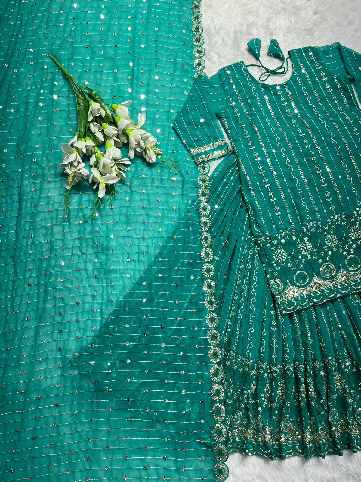 Multi Sequence Work Aqua Green Lehenga With Top