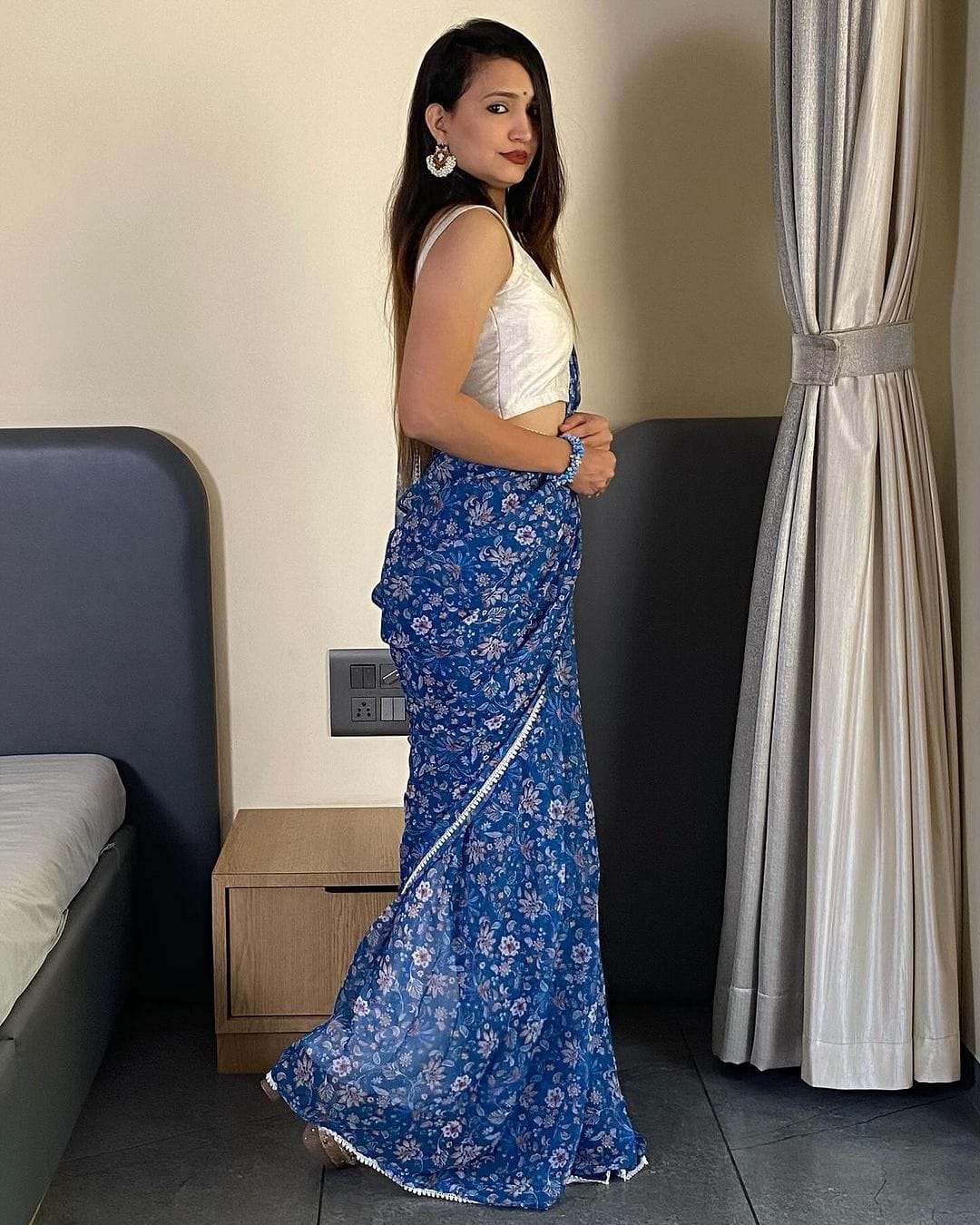 Little Flower Design Ready To Wear Blue Color Saree