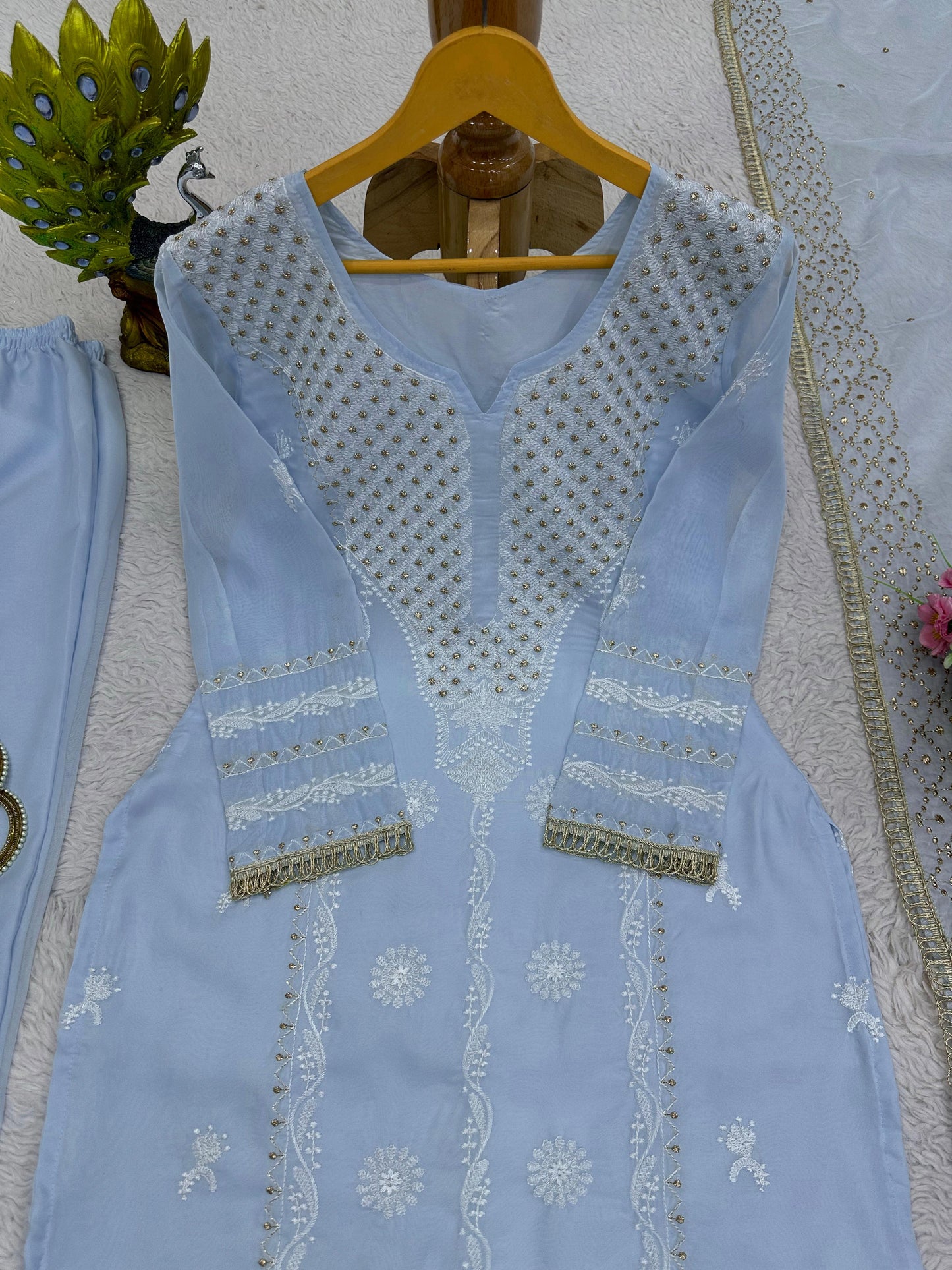 Graceful Thread Work Sky Blue Color Suit