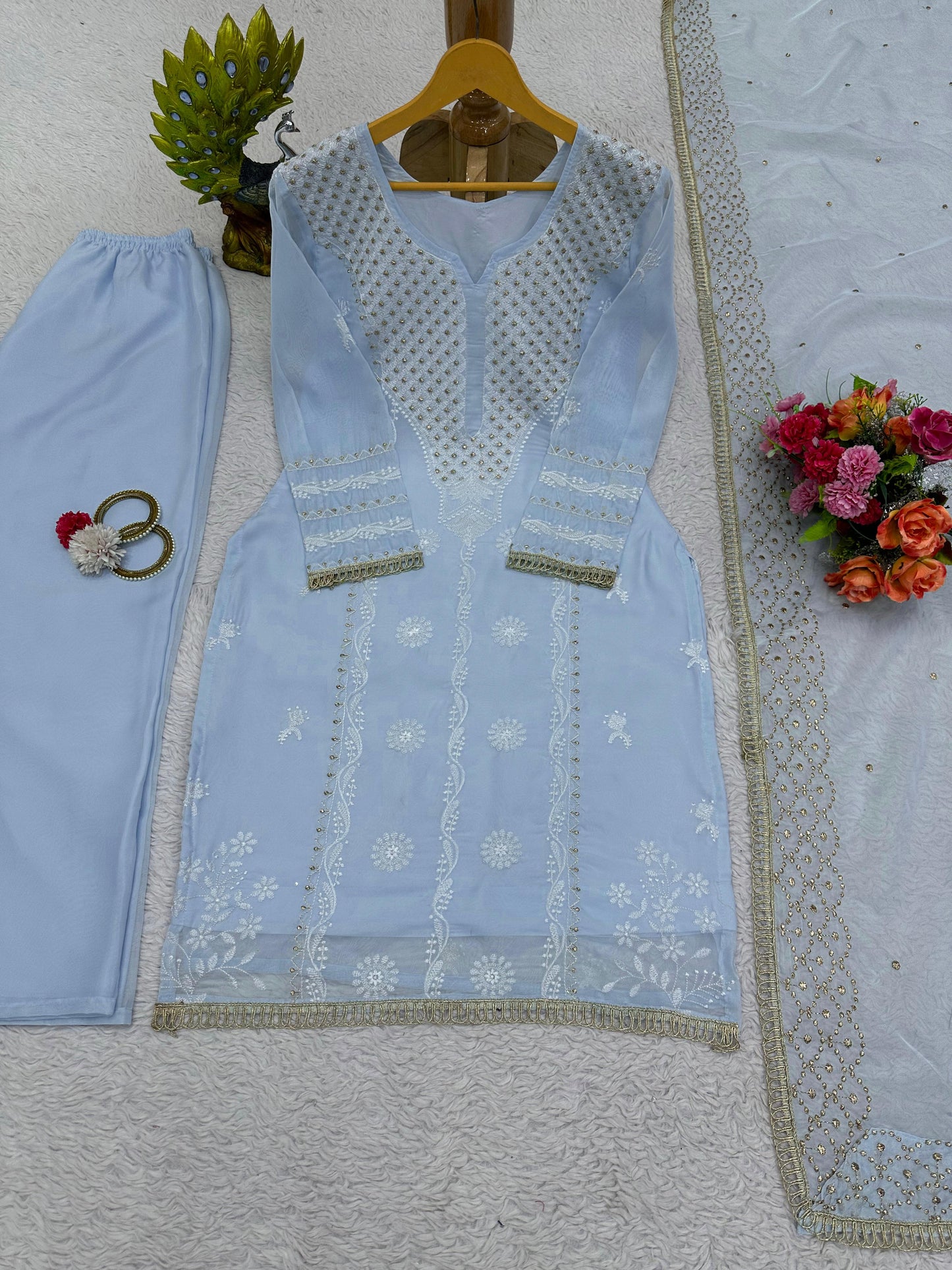 Graceful Thread Work Sky Blue Color Suit