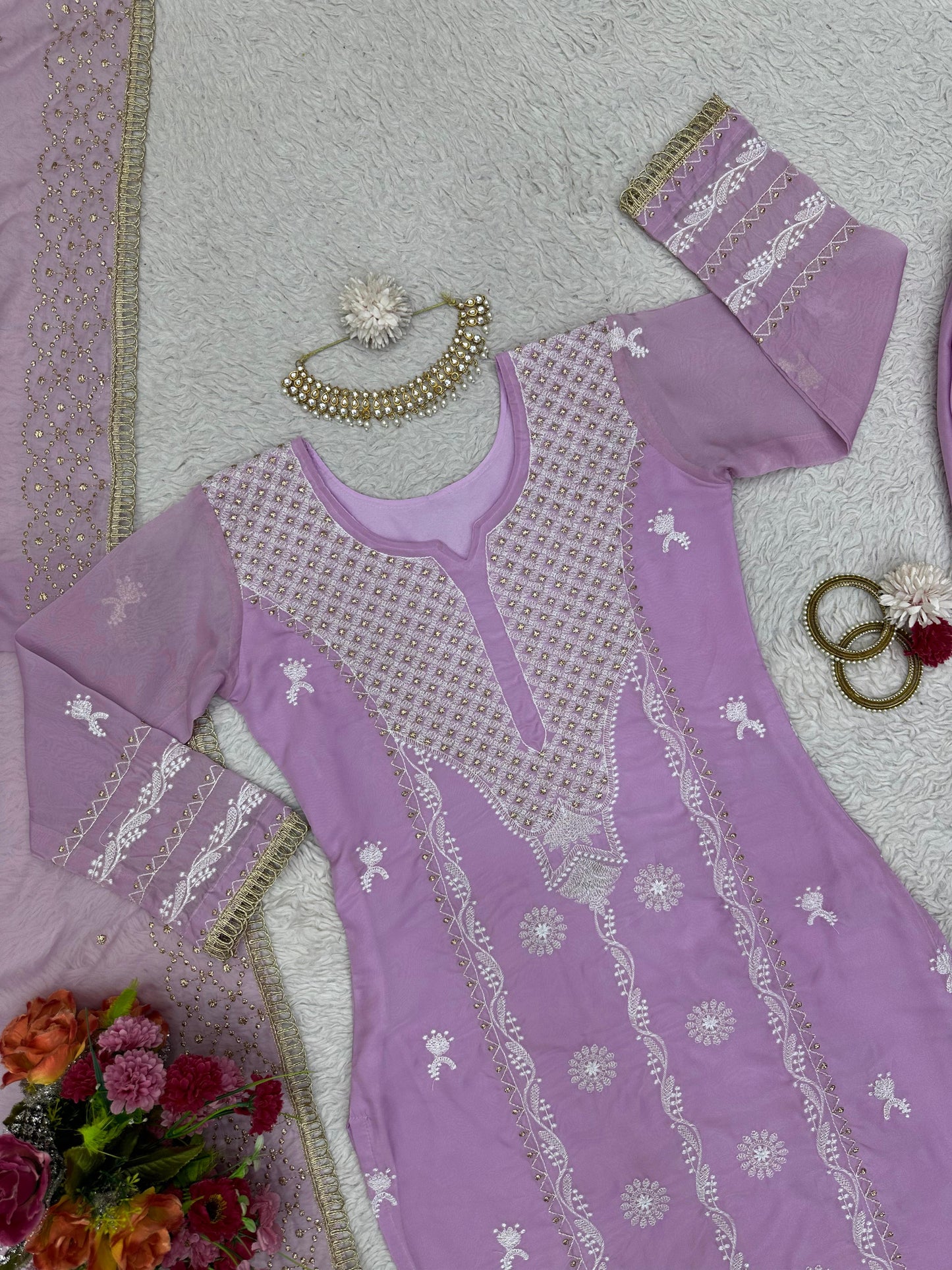 Graceful Thread Work Onion Color Suit