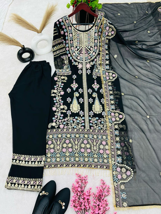 Demanding Embroidery Sequence Work Black Color Anarkali Suit