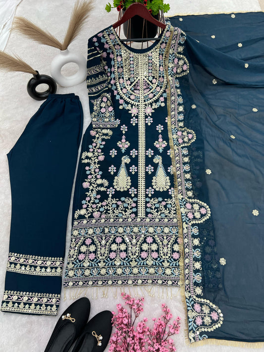 Demanding Embroidery Sequence Work Teal Blue Color Anarkali Suit
