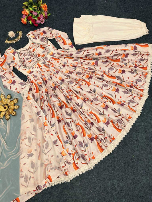 Outstanding Digital Print Cream Color Gown