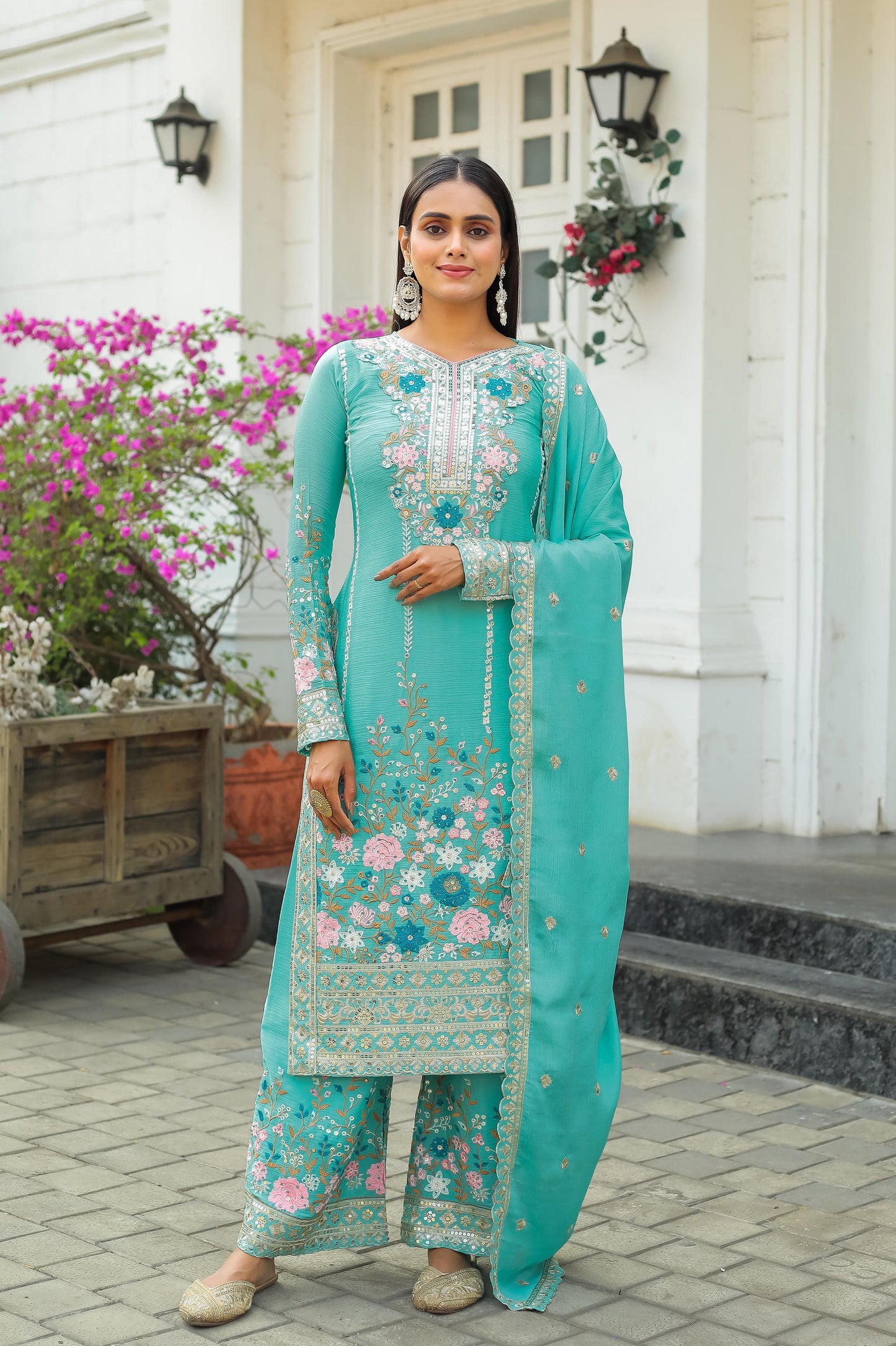 Glimmering Embroidery Sequence Work Rama Color Anarkali Suit