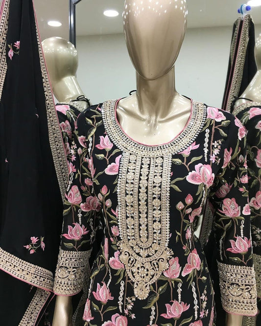 Graceful Embroidery Work Black Color Sharara Suit