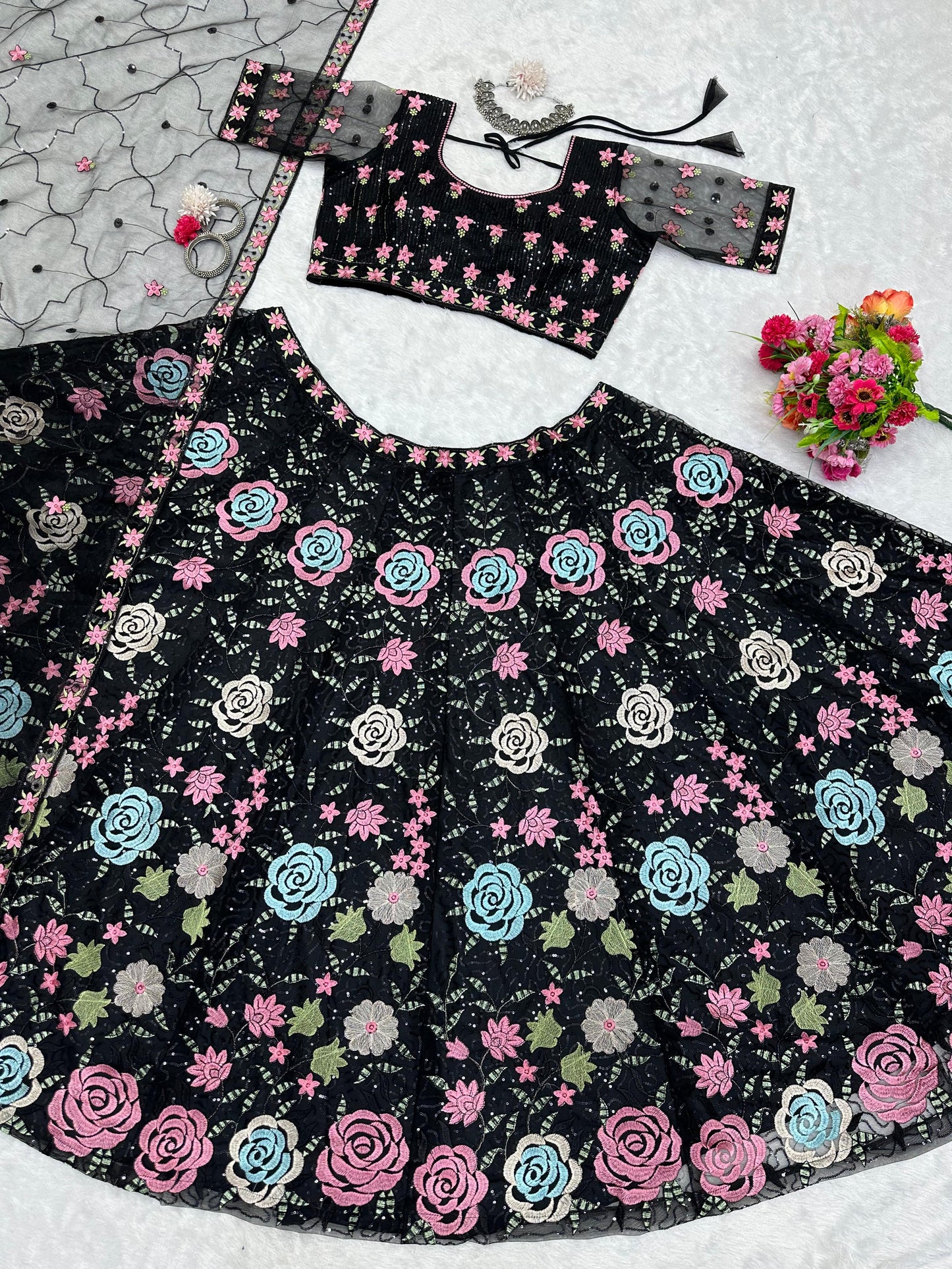 Party Wear Black Color Multi Work Lehenga Choli