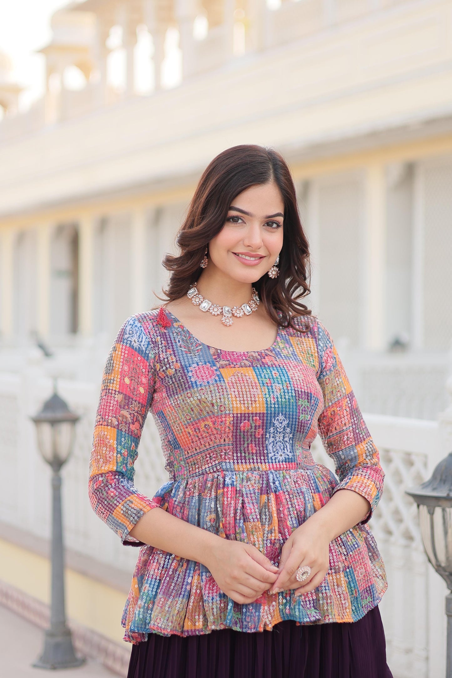 Beautiful Crushed Wine Lehenga With Multi Color Top