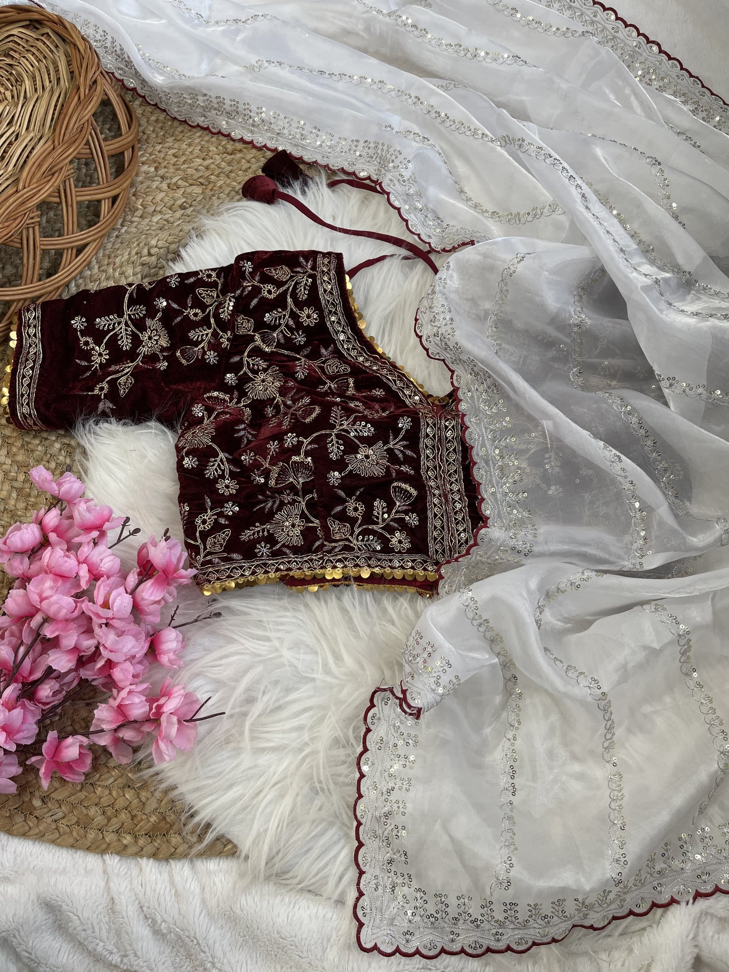 White Color Beautiful Work With Border Saree