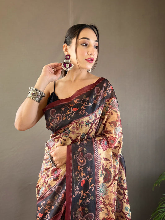 Stylish Digital Print With Beautiful Pallu Beige Color Saree