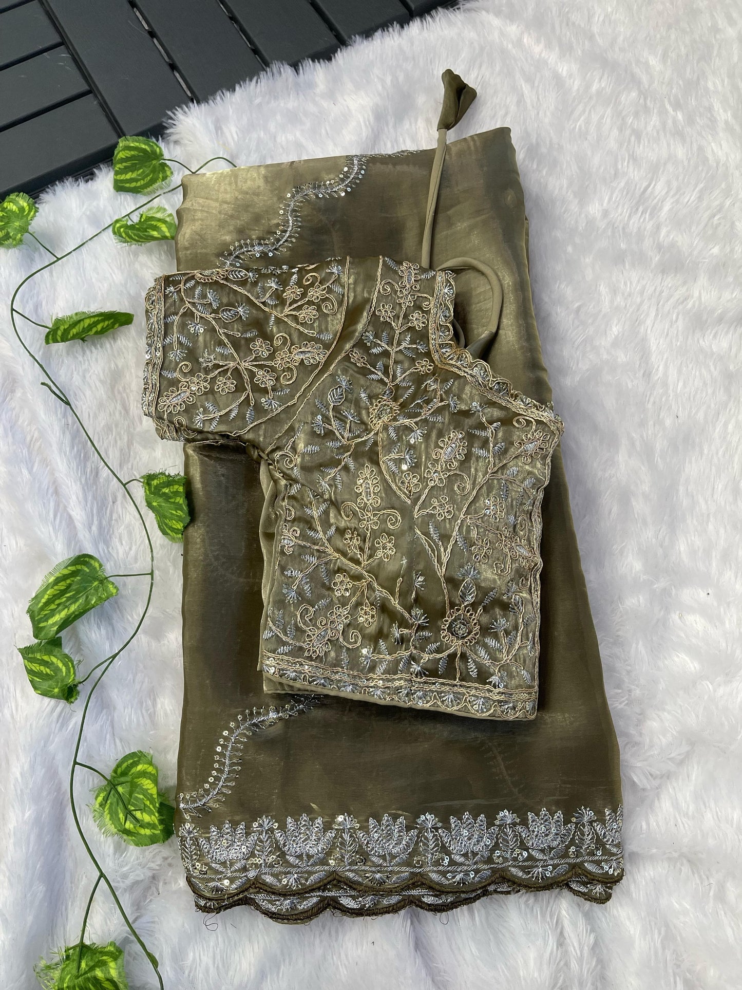 Exclusive Embroidery Cutwork Mehndi Color Saree
