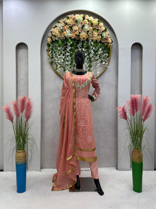 Alluring Sequence Work Peach Color Anarkali Suit