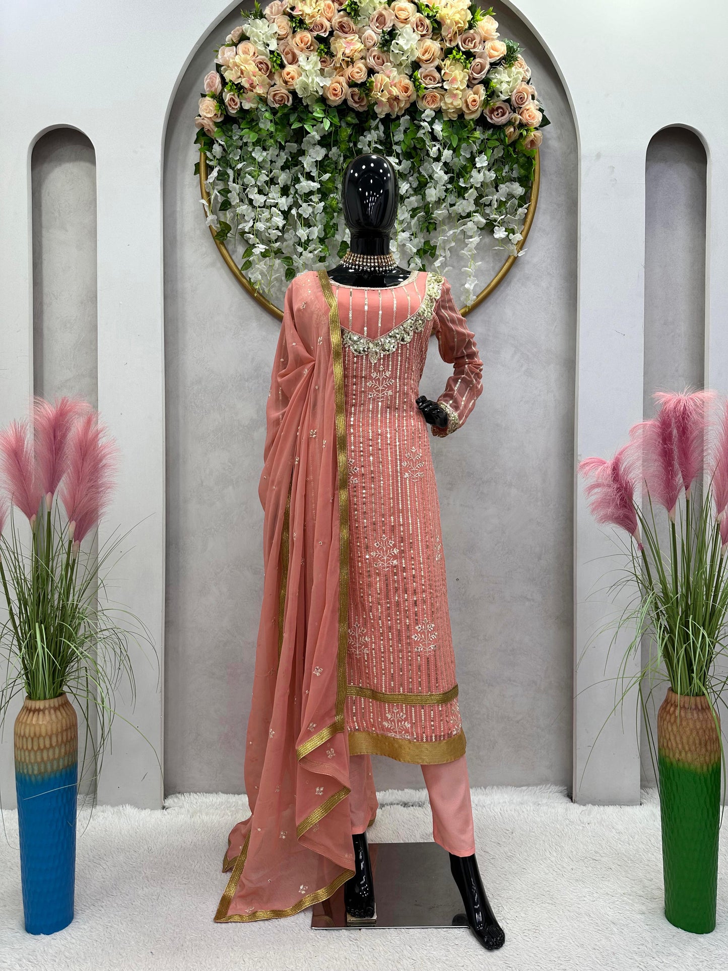 Alluring Sequence Work Peach Color Anarkali Suit