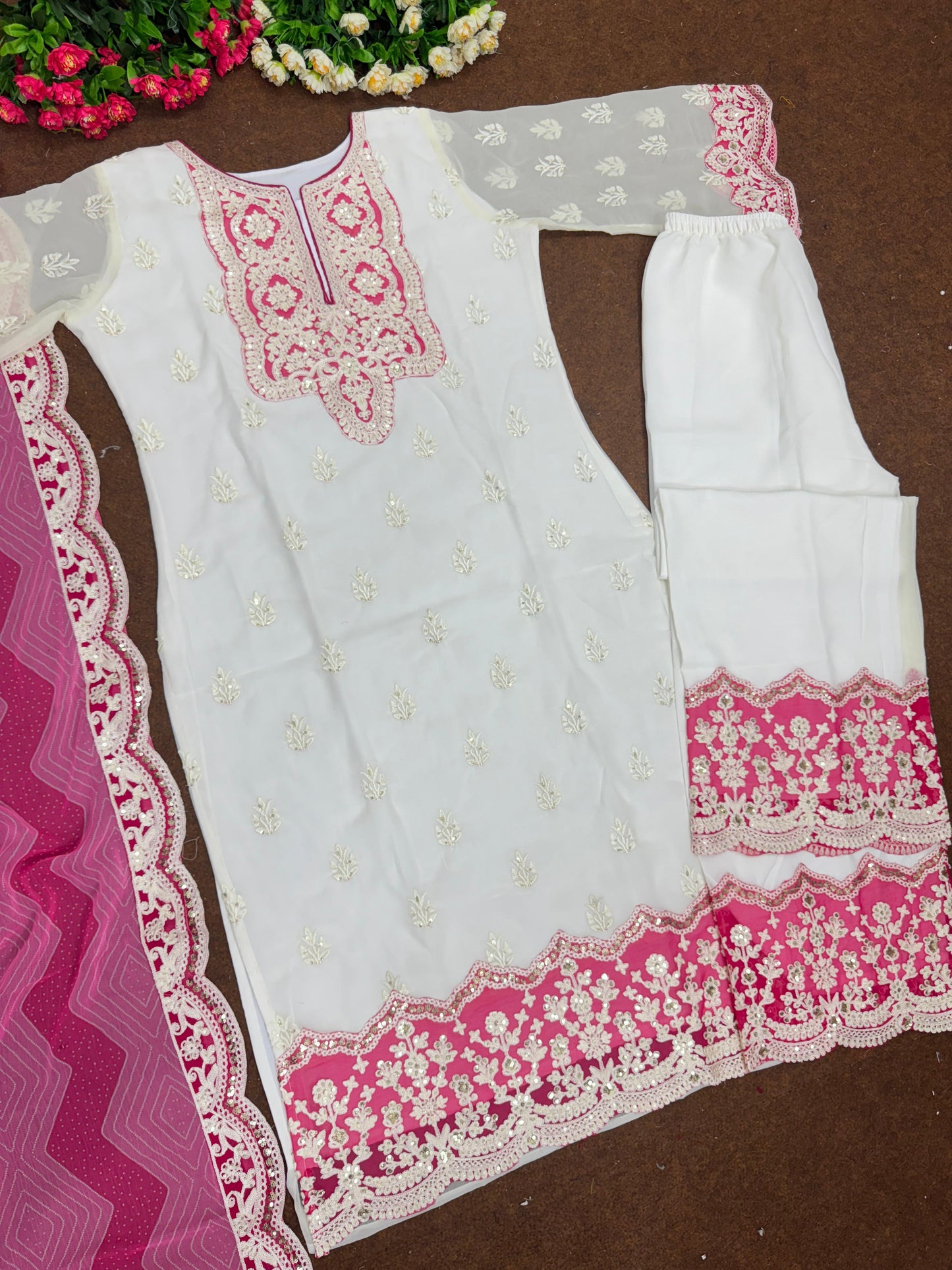 Trendy White And Pink Color Work Palazzo Suit