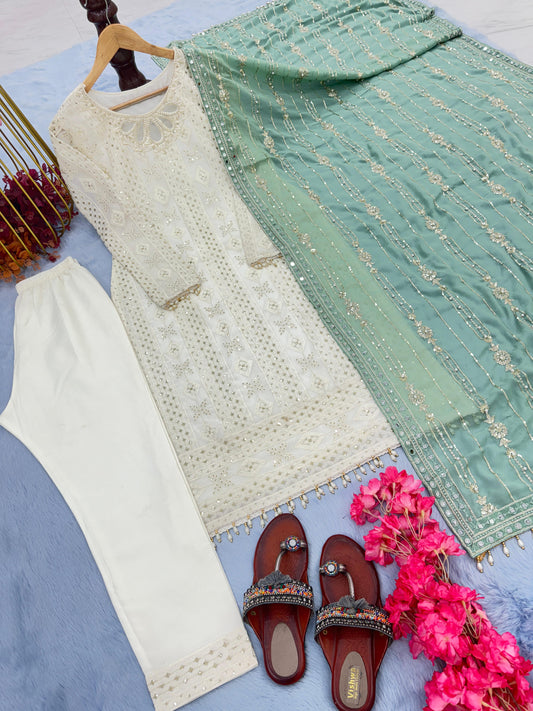 Glorious White Color Salwar Suit Green Dupatta